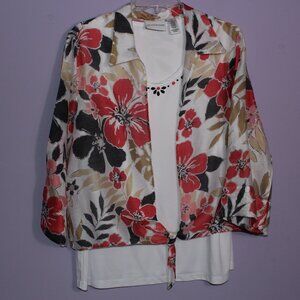 Alfred Dunner Floral Tie Blouse with Layered Look Beaded Accents Size 14